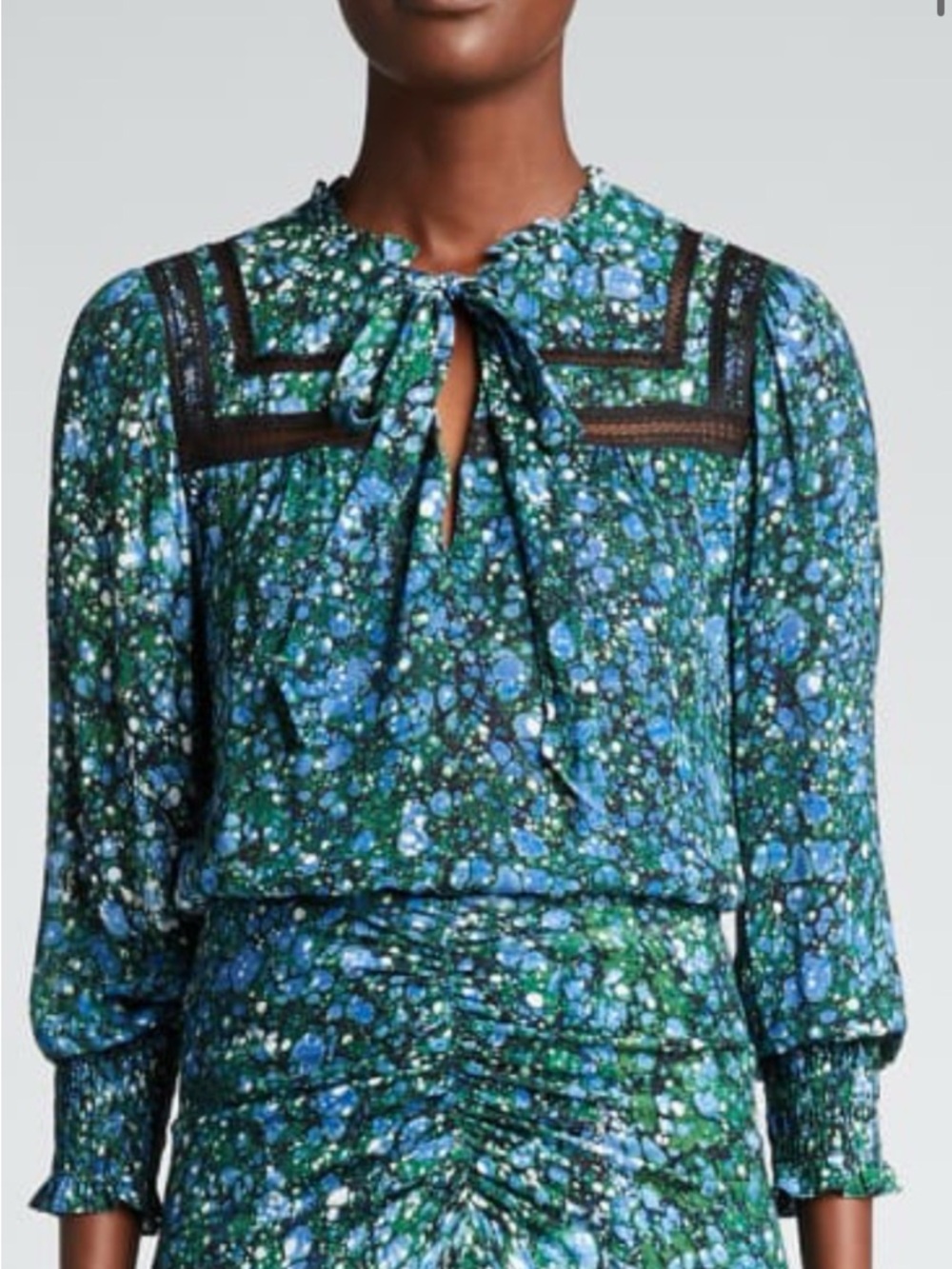Veronica Beard Candita Marble Print Tie Neck Blouse Green Blue Size‎ 0 Work Wear - Picture 2 of 9